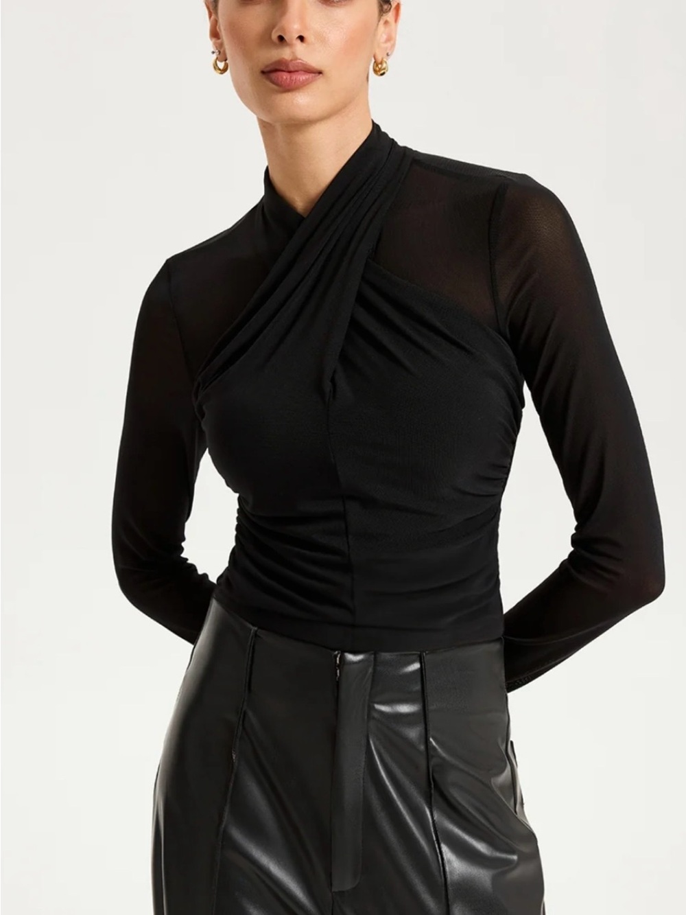 NWT Commense Cross-Front Sheer Mesh Long-Sleeve Top - small